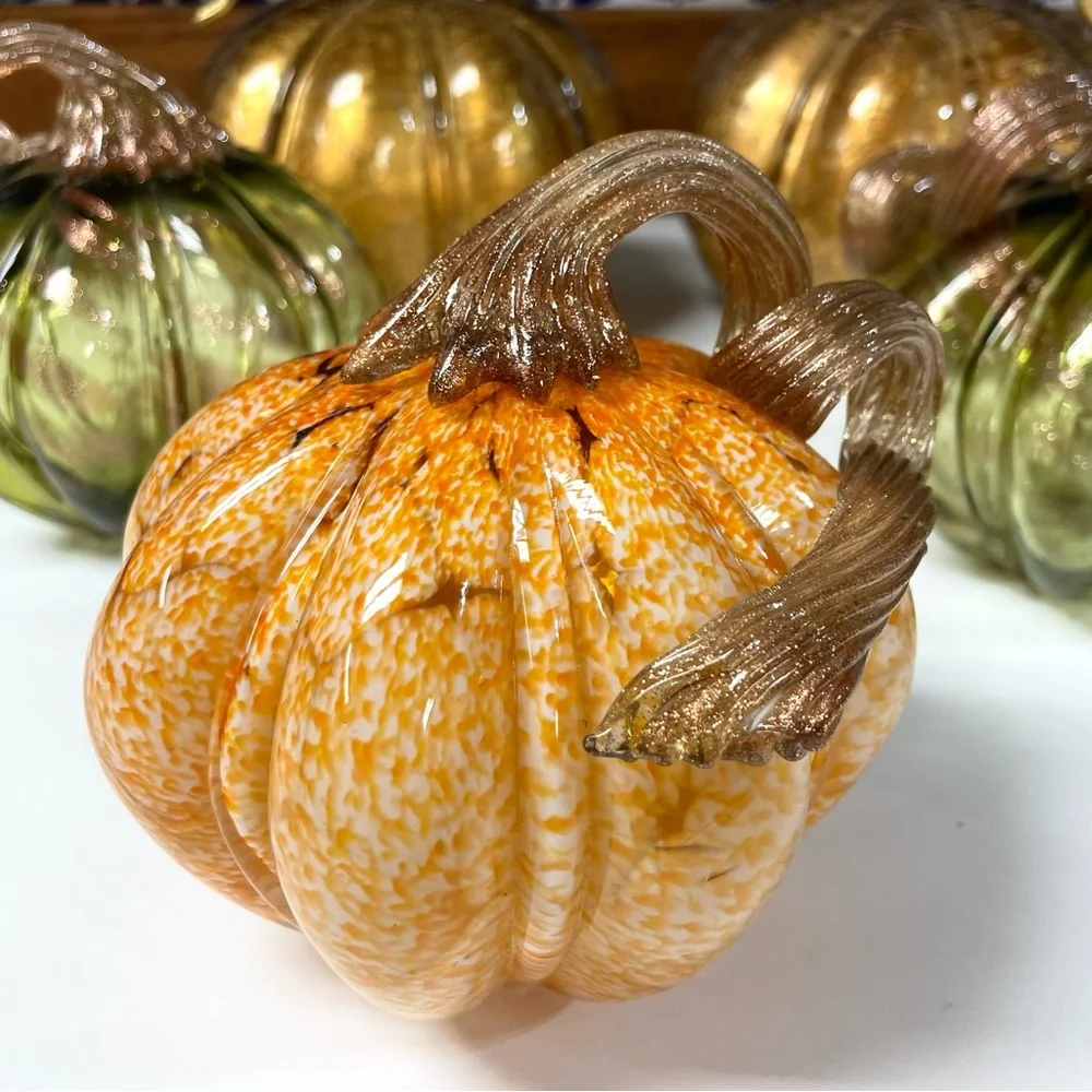 Pier 1 Hand Blown Orange Speckled Glass Pumpkin Glittering Gold Stem Fall Decor